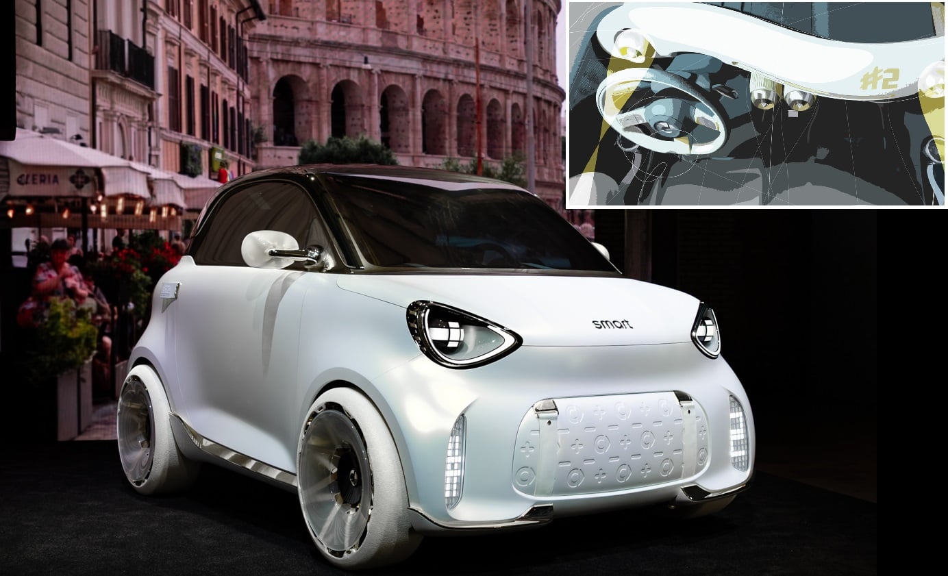 Smart #2 concept with 300 km WLTP range, 35.7 kWh battery chassis and interior exposed